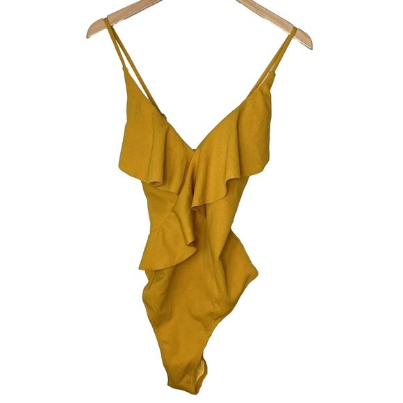 NWT Cupshe Women’s One Piece Swimsuit Mustard Yellow Ruffle Bikini Size Xxl - Picture 1 of 7